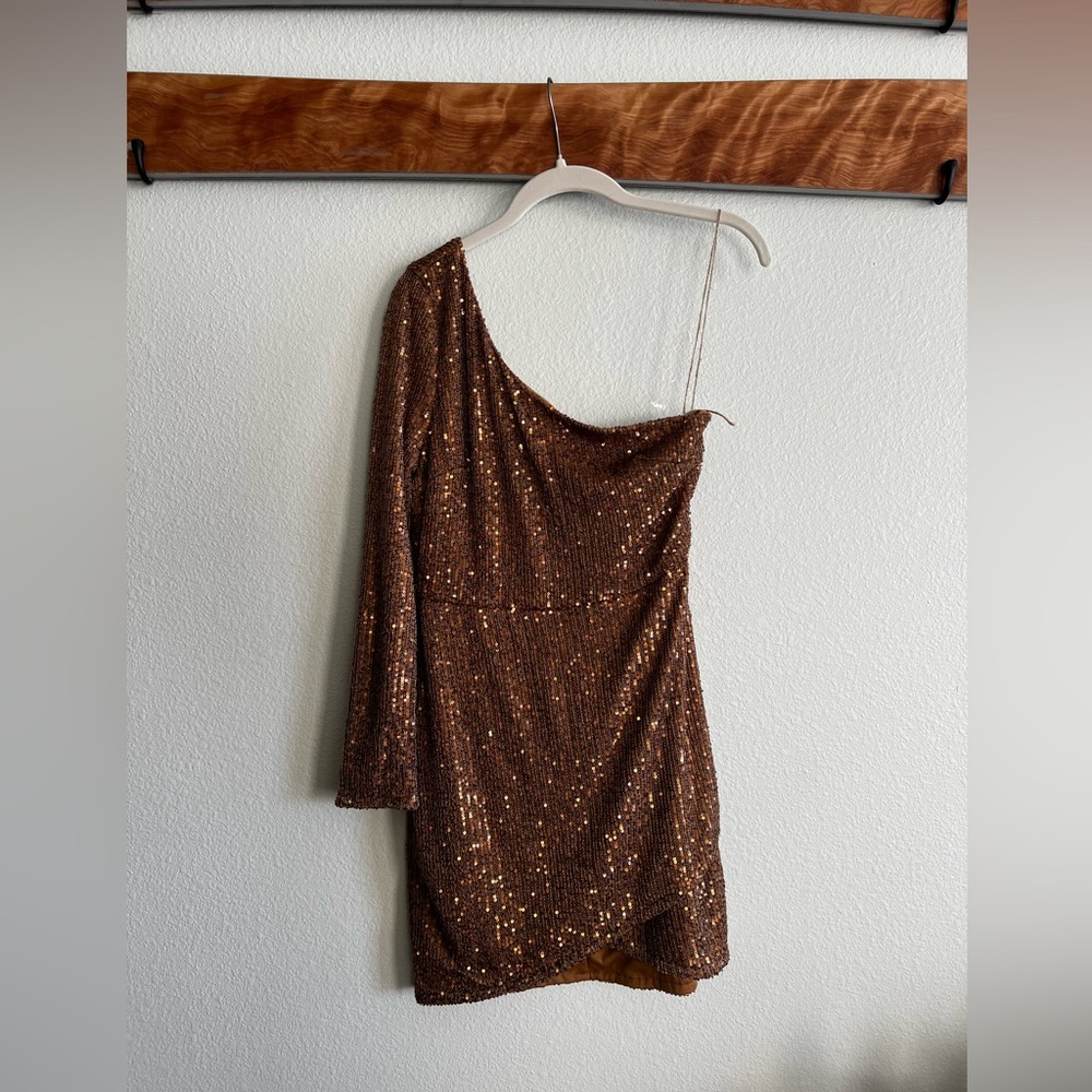 Blue Blush One Shoulder Gold Sequin Dress